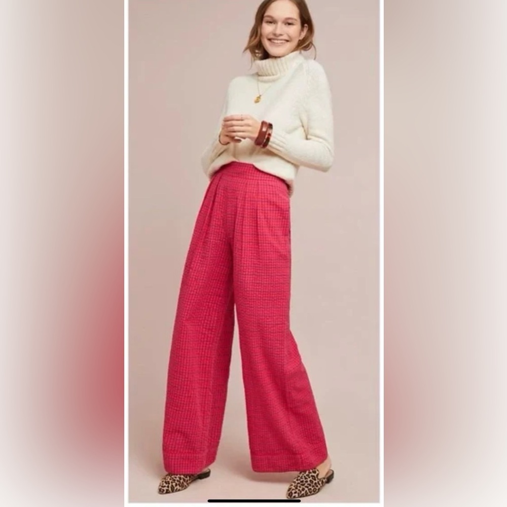 Anthropologie pink plaid wide leg pants